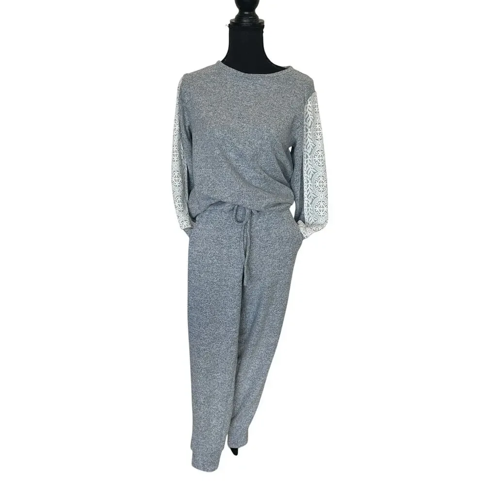 Flora Nikrooz Gray Soft Pajamas SMALL Lace Set Cozy Loungewear Romantic $88 - Picture 5 of 10